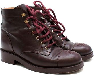 Chanel CC Embroidered Burgundy Lace Up Ankle Boots Size 37