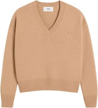 Ami Casual Beige Wol Kasjmier Trui - Dames - V-hals truien - Beige - L - Wol - Truien & Vesten