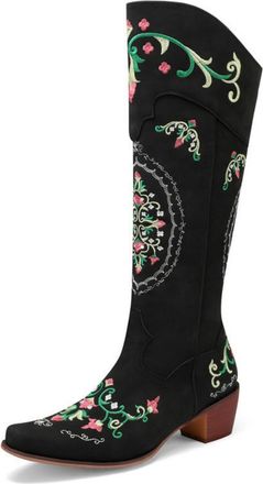 Generic Womens PU Leather Knee High Boots with Side Zipper Block Heel Long Boots with Embroidery Stitched Square Toe Cowgirl Boots,Black,4.5 UK