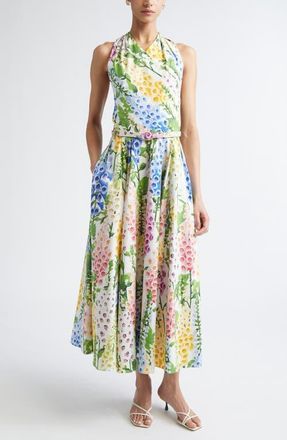 Oscar De La Renta Foxglove Belted Stretch Cotton Poplin Halter Dress in White Multi at Nordstrom, Size 12