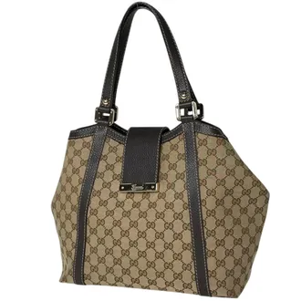 Gucci Gg Canvas Beige Brown Gg Canvas Leather Tote Bag (Pre-Owned)