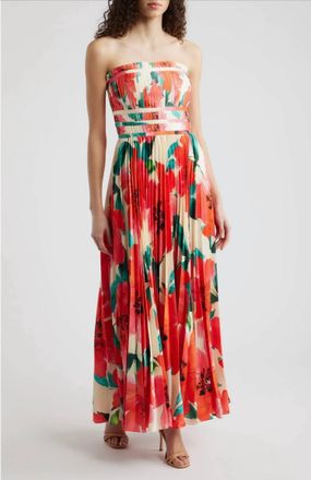 Hutch Sabina Floral Tiered Pliss&eacute; Gown In Ivory Coral Watercolor