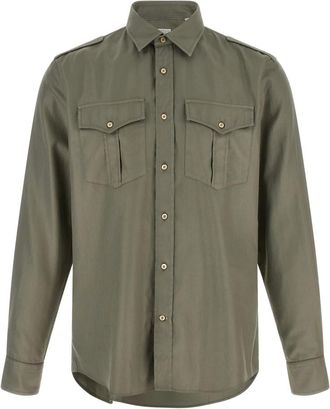 Brunello Cucinelli Cotton Chevron Shirt - Heren - Casual Overhemden - Groen - S - Katoen - Overhemden