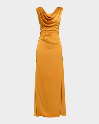 Theia Blair Cowl-Neck Draped Gown