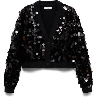 Mango Paillette V-Neck Crop Cardigan in Black at Nordstrom, Size Medium