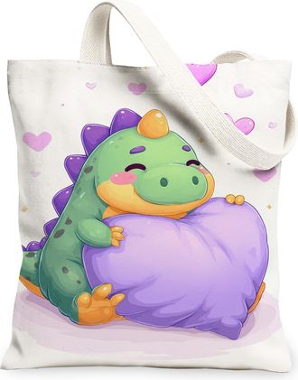 Generic Cute Dinosaur Canvas Tote Bag, Adorable Dino Heart Design Reusable Grocery Bag, Lightweight Washable Shoulder Strap for Sho, White, 13x15 Inch