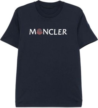 Moncler Navy Blue Logo Print T-shirt - Heren - T-shirts - Blauw - M - Katoen - Tops