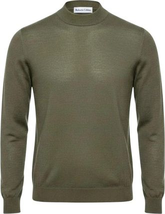 Roberto Collina Merino trui met opstaande kraag - Heren - Ronde hals truien - Groen - L - Wol - Truien & Vesten