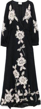 Forte_Forte Wrap-Style Black Maxi Dress With Floral Embroidery