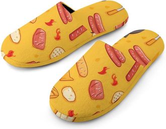 Generic Barbecue Pattern Warm Mens Slippers Slip On Soft Fleece House Shoes Winter Indoor Outdoor