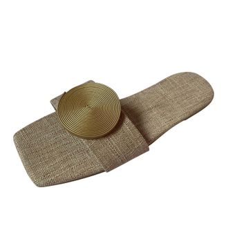 Generic Women Flat Sandals Solid Color Square Toe Sandals Fashion Beach Sandal Leather Strap Embellished Sandal Comfortable Cotton Linen Blend Casual Walking 