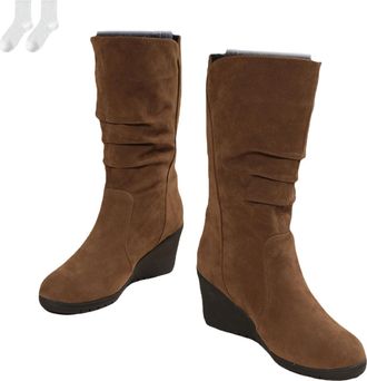 Generic Womens Slouchy Mid-Calf Boots, Soft Slip-On Boots in A Suede Look with A Comfortable Wedge Heel, Warm Winter Boots with A Round Toe for Everyday Wear 