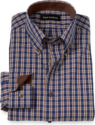Paul Fredrick Tailored Fit Non-iron Cotton Plaid Dress Shirt With Contrast Trim