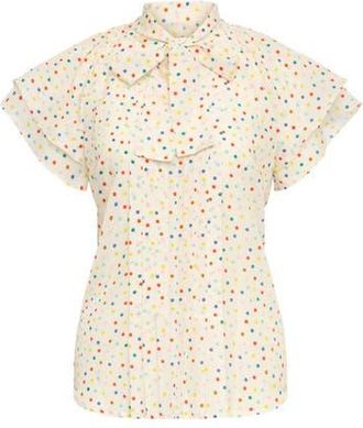 Maison Common Printed Blouse With Pleating And Bow Tie in Ecru Multicolour at Nordstrom, Size 36