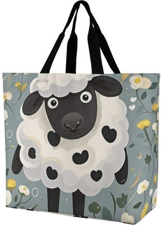 Generic Cartoon Black White Sheep Shoulder Bag Reusable Shopping Bag Durable Shopping Bags For Daily Use Ladies Camping