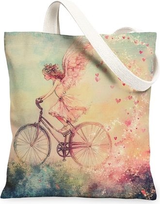 Generic Fanciful Angel Canvas Tote Bags, Artistic Heart Pattern Reusable Grocery Bags, Spring Lightweight Washable Shoulder Strap Canvas for Travel Outdoor Pi