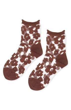 Hansel From Basel Poppy Flower Sheer Crew Socks in Mocha at Nordstrom