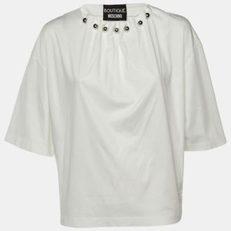 Moschino Boutique Moschino White Cotton Knit Pleated Neck T-Shirt M