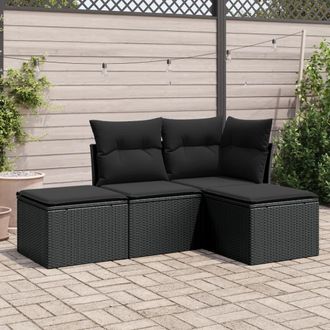 vidaXL Juego De Sof&aacute;s Jard&iacute;n 4 Pzas Con Cojines Rat&aacute;n Sint&eacute;tico Negro Vidaxl