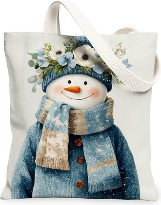 Generic Cute Snow Man Canvas Tote Bags, Floral Pattern Reusable Grocery Bags, Cozy Lightweight Washable Shoulder Strap Canvas for Travel Beach 13x15 Inch