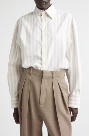 Saint Laurent Stripe Cotton Button-Up Shirt in Craie Beige at Nordstrom, Size 10 Us