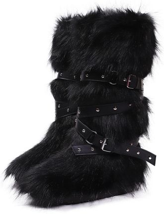 Generic Womens Winter Knee High Boots Fluffy Faux Fur Boots With Thick Fleece Lining Cozy Snow Boots Available In Plus Sizes(Black,5.5)