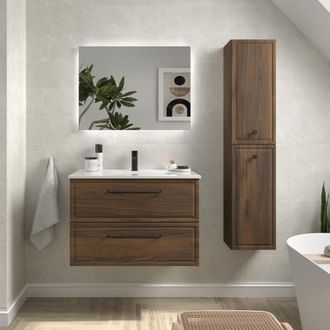 Cygnus Bath Mueble De Ba&ntilde;o Runa 80cm Nogal 2 Cajones Lavabo 1 Poza Porcelana