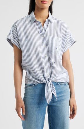 Beach Lunch Lounge Rosie Embroidered Tie Front Short Sleeve Button-Up Shirt in Culebra Sky at Nordstrom, Size X-Large