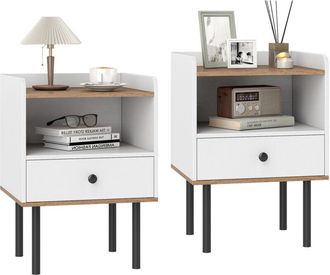 Costway 2 Pcs Nightstand Bedside Table with Drawer & Open Storage Shelf-White