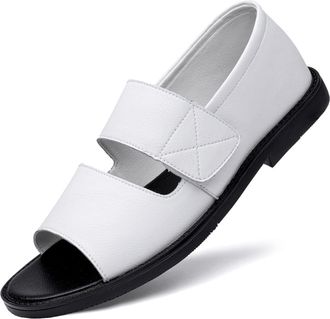 Generic Mens Genuine Leather Flat Slides Sandals Classic Open Toe Slip On Non Slip Outdoor Casual Slippers Summer Lightweight Beach Sandals (White 2,5.5)