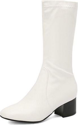 Generic Womens Mid-Calf Casual Boots with Square Toe and Block Heel - Patent Leather Riding Style,White,7.5 UK