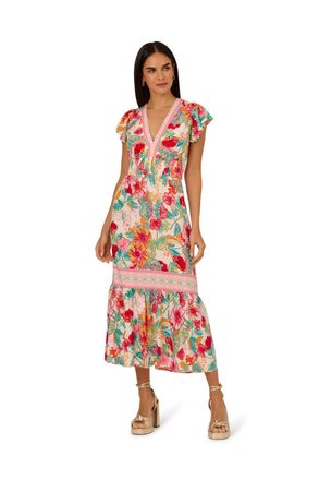 Adrianna Papell Womens Printed Midi Dress - Pink - Size 14 UK