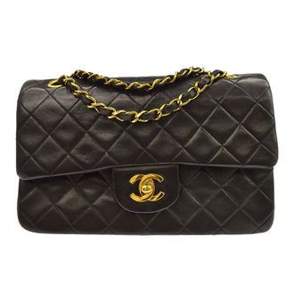 Chanel Classic Timeless Double Flap Quilted Lambskin Black Leather Handbag (Pre-Owned)