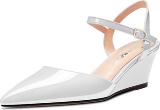 Castamere Women Mid Wedge Heel Pointed Toe Pumps Court Shoe Ankle Strap Slingback Wedding Dress Shoes White 6 UK