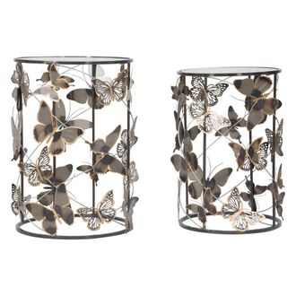 Dmora Mesita De Sal&oacute;n Dhulik, Set De 2, Dise&ntilde;os Con Mariposas, Forma Redonda, Color Transparente, 41x41x55h Cm Gris