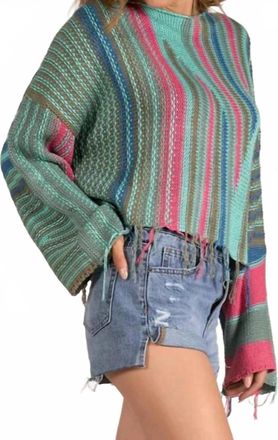 Elan Boho Cropped Sweater In Turquoise Multi
