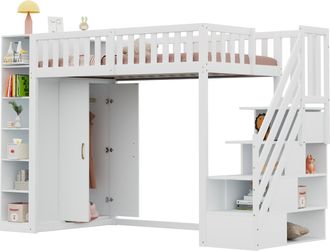 STILVORA Cama Alta 90 X 200 Cm Con Armario, Escalera De Almacenamiento Y Estantes, Sin Colch&oacute;n, De Madera, Blanco
