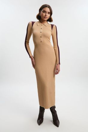 Karen Millen Womens Rib Knit Military Colour Block Midi Dress - Natural Polyamide - Size X-Small