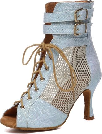 Minitoo Ladies Dance Boots Heels Elegant Mesh Prom Evening Ankle Sandals Shoes L615 Blue 8.5cm Heel UK 6.5