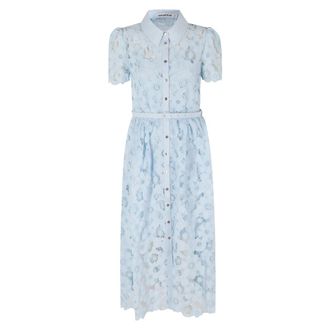 Self Portrait Shirt Dresses, female, Blue, Size: 2XS Short Sleeve Collared Belted Lace Midi Dress