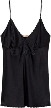 Twinset Zwarte bloemen geborduurde V-hals top - Dames - Tops zonder mouwen - Zwart - S - Polyester - Tops