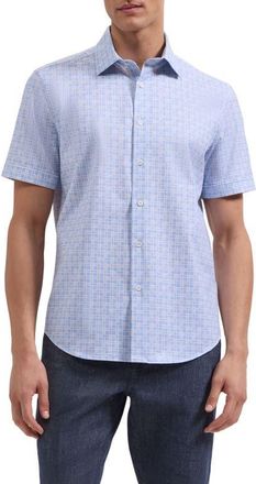 Bugatchi Miles OoohCotton Check Print Short Sleeve Button-Up Shirt in Air Blue at Nordstrom, Size Xxx-Large