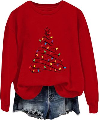 Generic Christmas Jumpers for Women Sparkly, Tree Graphic Print Xmas Sweatshirt Soft Crewneck Long Sleeve Funny Christmas Tops for Women Red
