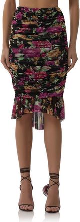 AFRM Ronica Ruched Mesh High-Low Skirt in Dusted Floral at Nordstrom, Size Large