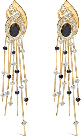 House of Brilliance 14K Yellow Gold 1.0 Cttw Diamond and Blue Sapphire Chandelier Earrings