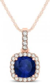 Allurez Blue Sapphire & Diamond Halo Cushion Pendant Necklace 14k Rose Gold (1.94ct)