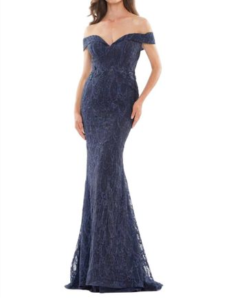 Colors Dress Off The Shoulder Embroidered Gown In Navy