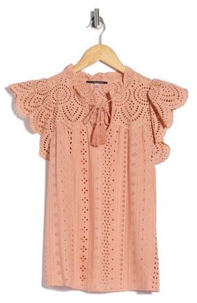 T Tahari Embroidered Eyelet Cap Sleeve Top in Caf Creme at Nordstrom Rack, Size X-Small