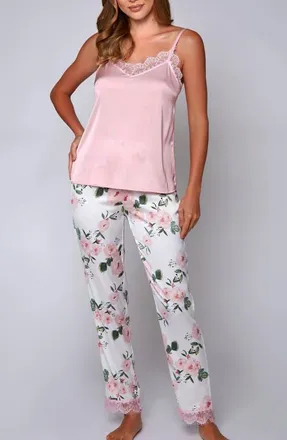 iCollection Lace Trim Satin Cami & Floral Pants Pajama Set in Pink at Nordstrom, Size X-Small