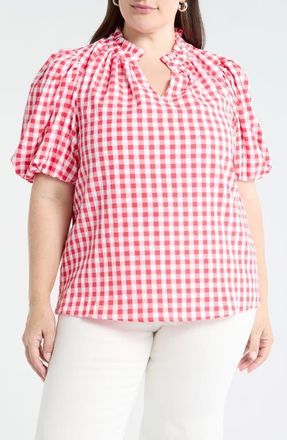 Sugarlips Ginham Ruffle Neck Top in Red-White at Nordstrom, Size 3 X